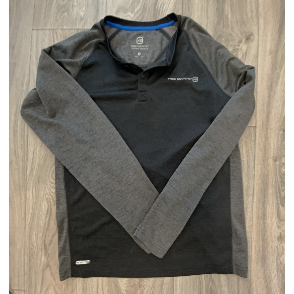 Free Country Micro-Tech Men S Black Gray Polo Raglan Long Sleeve Pullover FC-37
